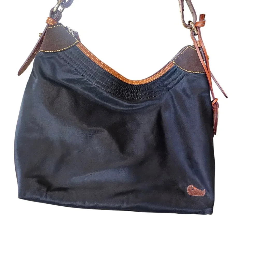 DOONEY BOURKE BLACK NYLON HOBO Bag Purse Handbag TAN LEATHER STRAP Pink Interior